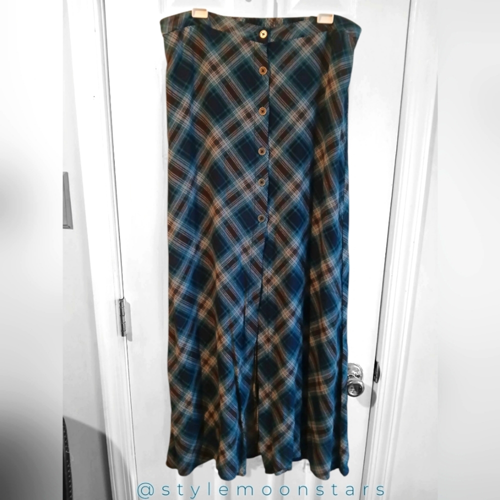 Wild Fable Peasant Cottagcore Button Down Maxi Skirt in Blue and Brown Plaid